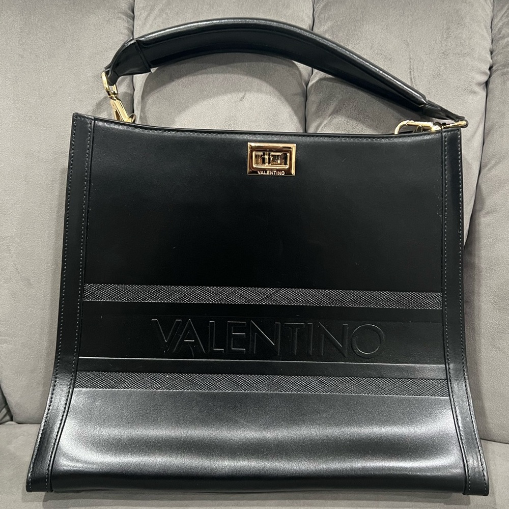 Valentino Black Leather Tote with Gold Hardware